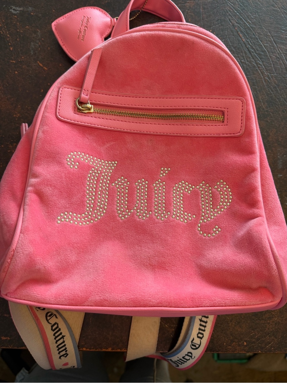 Juicy Couture Pink Lemonade Velour Big Spender Backpack Rhinestone Logo Bag
